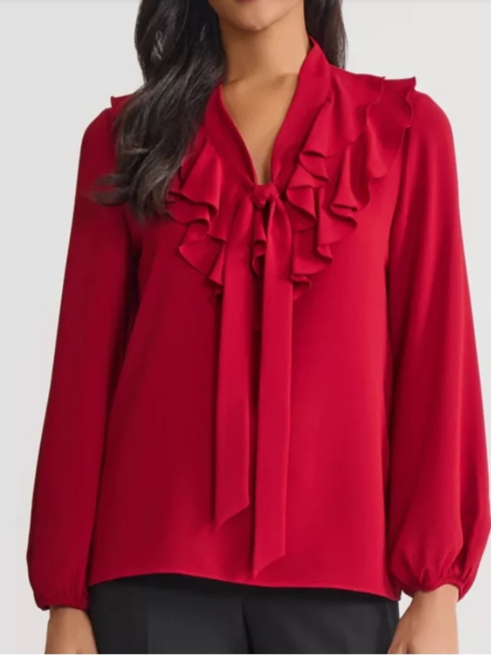Kasper Red Ruffle Tie-Neck Blouse